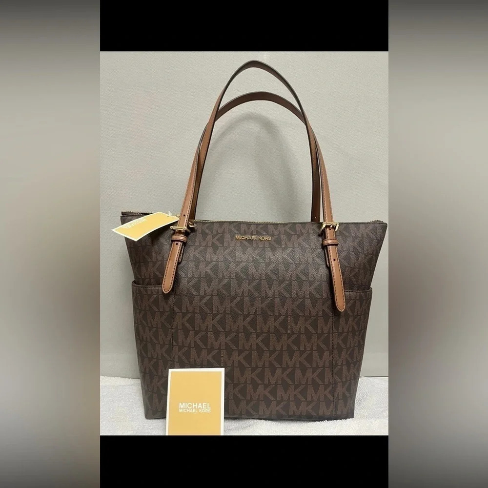 Michael Kors Jet Set Medium Tote + Zip Wallet Brown Logo Canvas NWT - Picture 2 of 6